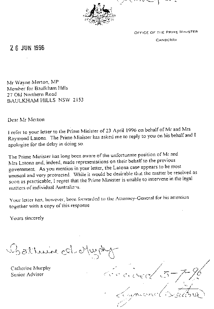 letter of 26 June 1996 from John Howard's office saying he was unable to intervene.